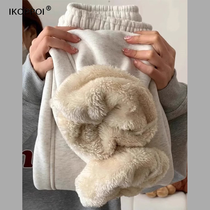 高端加绒加长美式卫裤男2025秋冬季超厚羊羔毛裤子束脚休闲运动裤