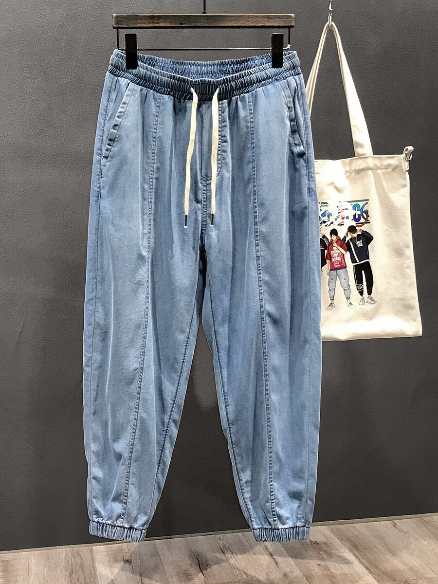 冰丝牛仔裤男士夏季美国时尚品牌宽松抽带九分裤运动快干休闲裤薄