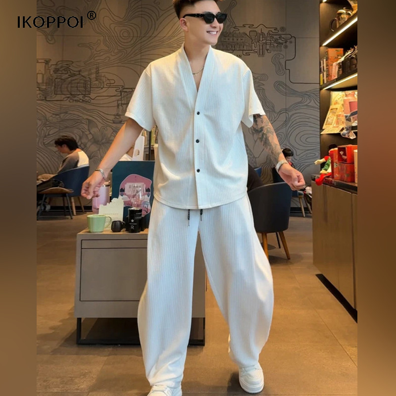轻奢老钱风V领宽松短袖套装男夏季时尚极简风肌理感阔腿裤两件套