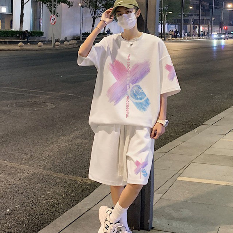 运动套装男士夏季短袖T恤抽绳五分裤搭配一套美式潮流时尚两件套