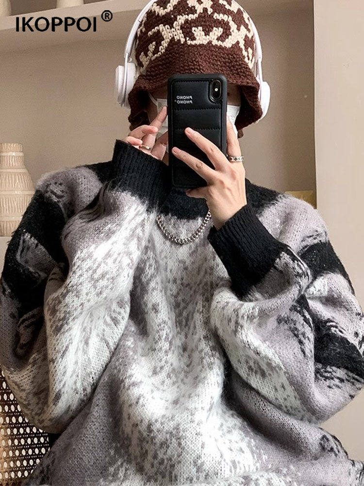 高级感针织衫男秋冬季保暖防寒毛衣设计感撞色痞帅宽松扎染打底衫