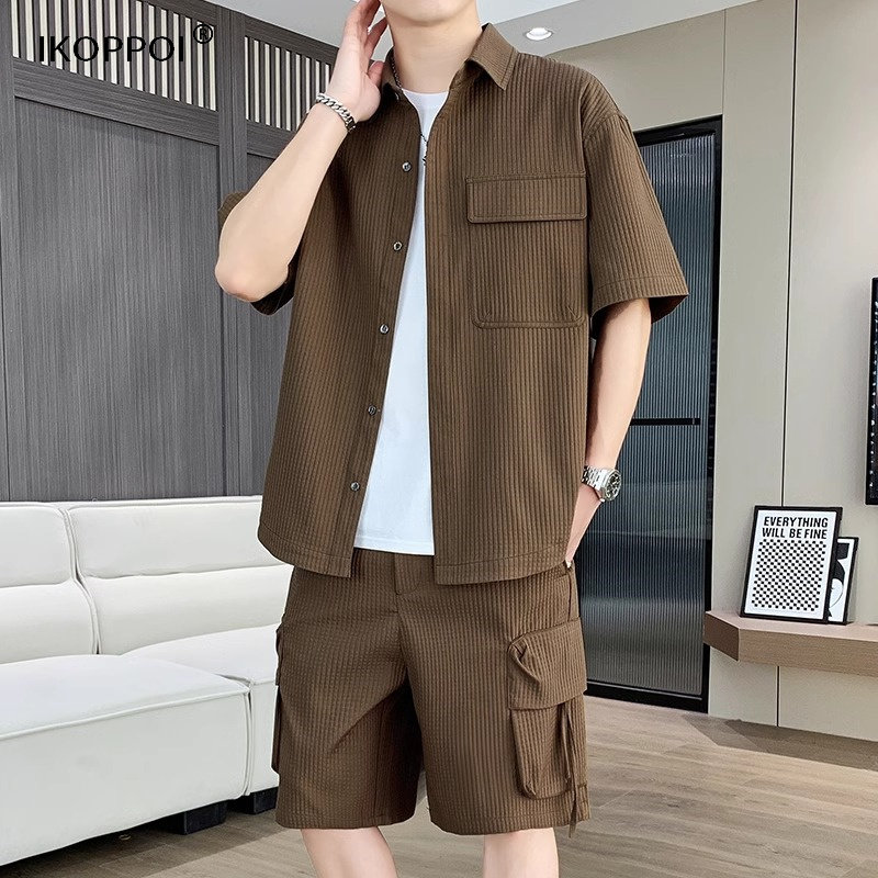 高端工装短袖衬衫男套装夏季短裤搭配成熟稳重男装休闲一整套衣服