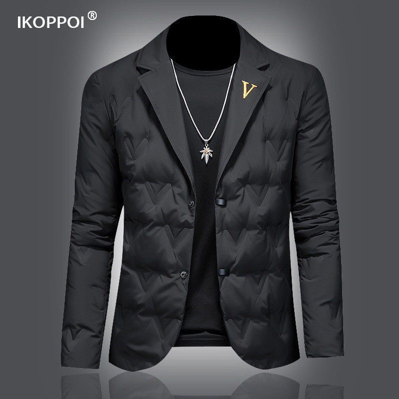 西装领羽绒服男士秋冬季韩版高端修身刺绣外套休闲商务百搭上衣服