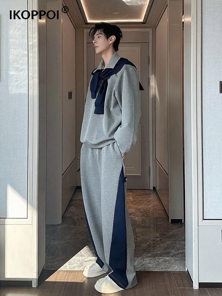 高端男士痞帅休闲运动套装2025春秋韩系穿搭拼接拆卸披肩卫衣卫裤