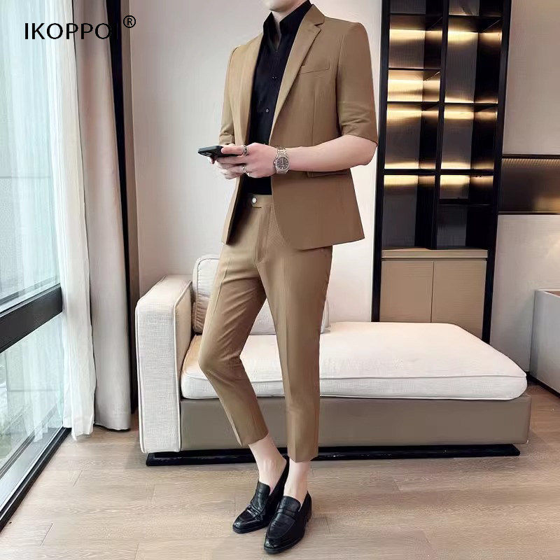 西装套装男士夏季帅气时尚潮短袖韩版上衣修身百搭五分袖休闲西服