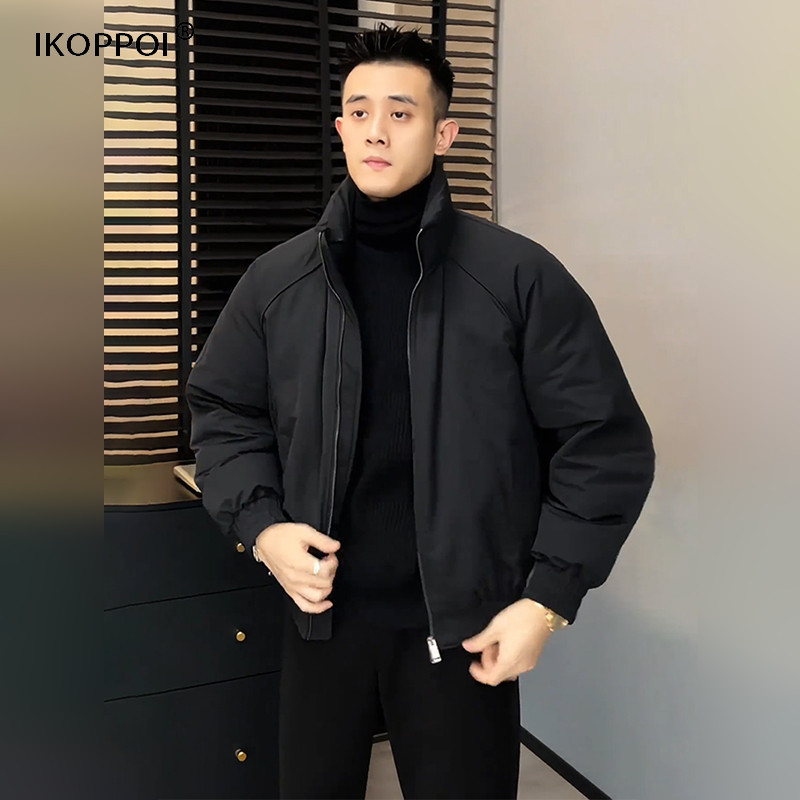 高端立领白鸭绒飞行夹克棉服保暖外套黑色廓形短款收腰羽绒服男士