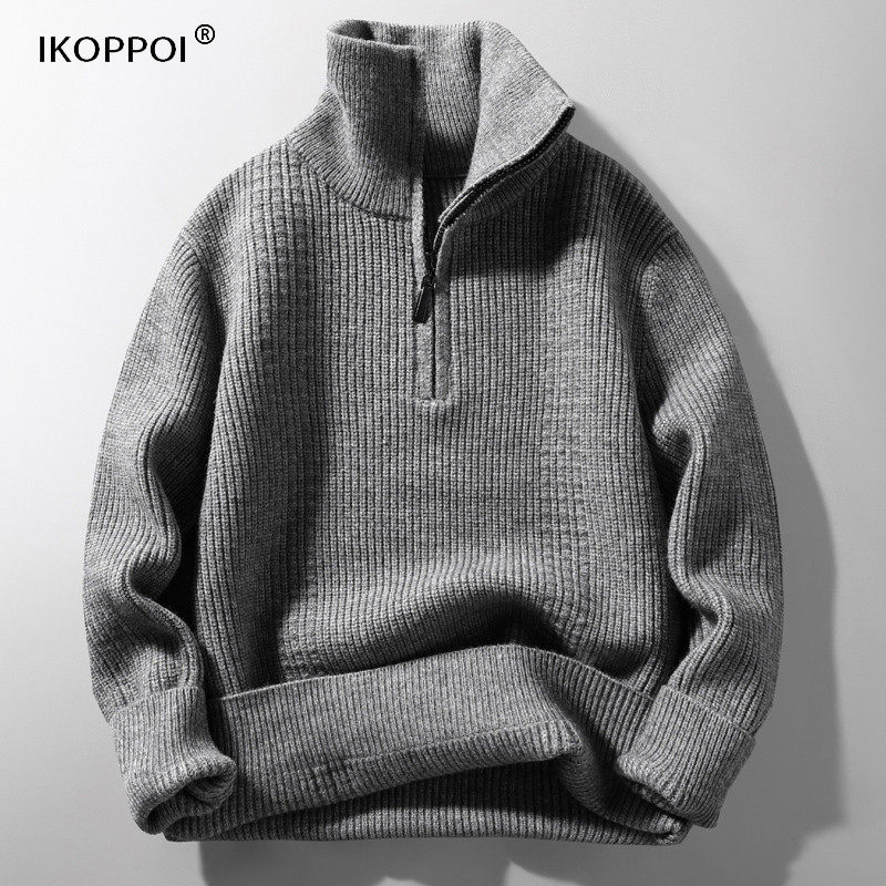 半拉链打底衫男士秋冬季纯色加厚保暖针织衫潮流百搭宽松男装毛衣