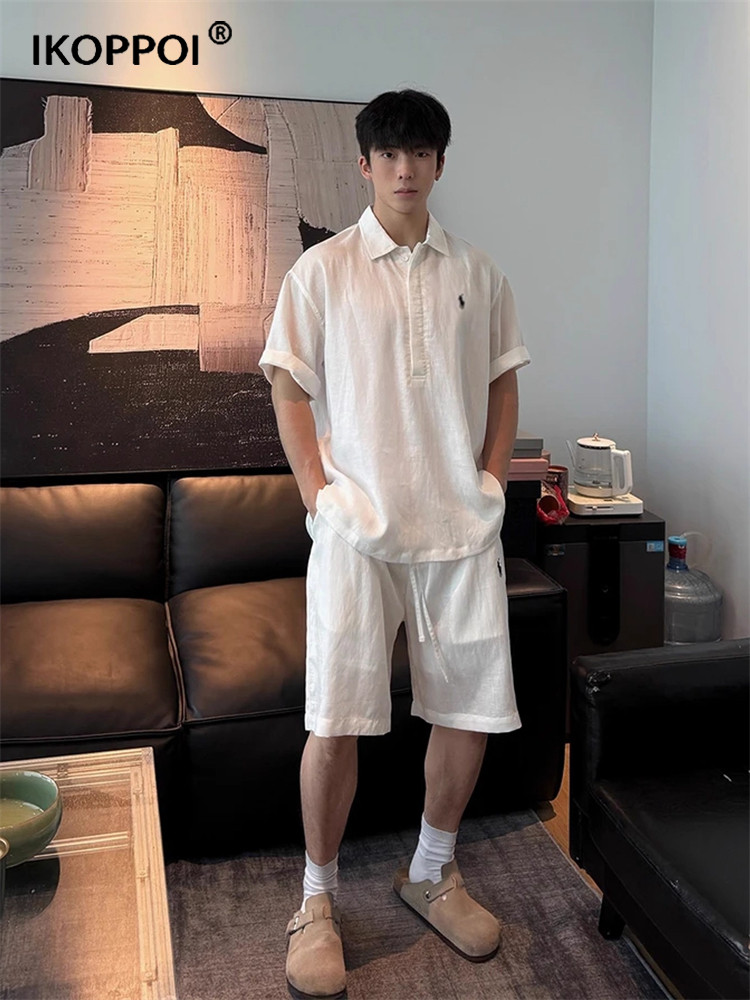 轻奢男子旧钱风格天丝亚麻西装2025夏季放松Polo衫短袖短裤全套