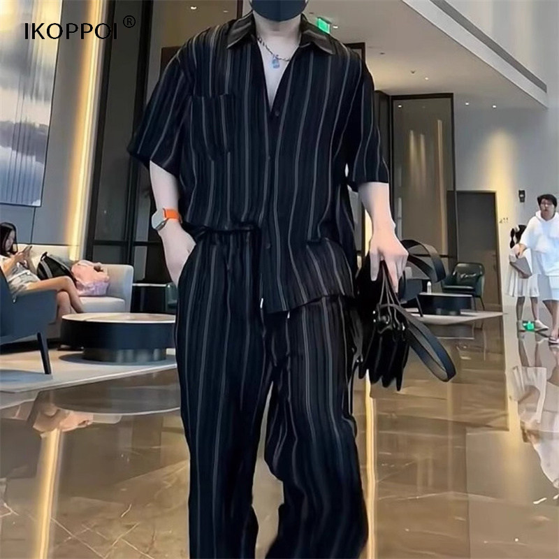 轻奢夏季薄款时尚衬衫套装男潮流竖条纹短袖长裤宽松休闲两件套潮
