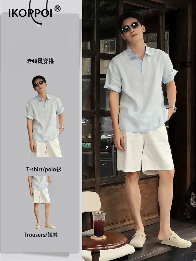 高端男士旧钱风格休闲亚麻套装休闲短袖Polo衫冰丝速干套装