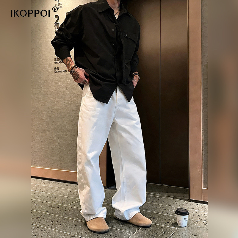 轻奢时尚极简风白牛仔裤男2026春季中高腰宽松直筒裤男斜纹阔腿裤