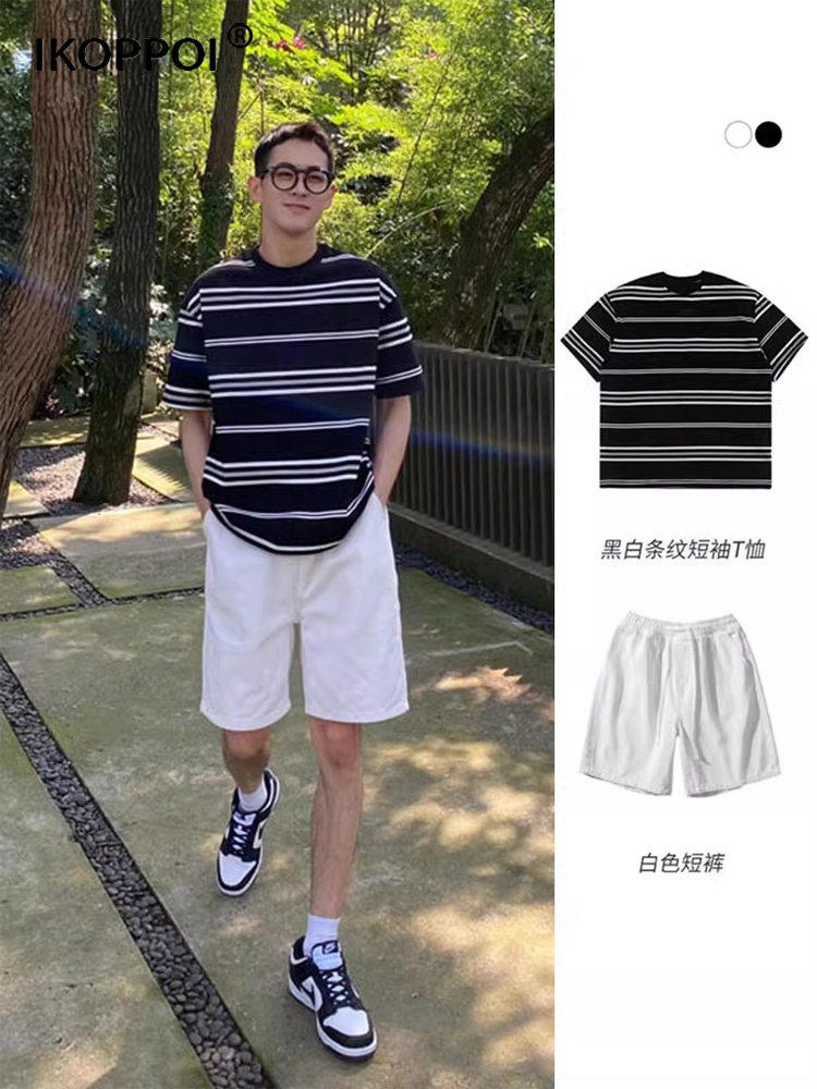 轻奢日系黑白条纹t恤男夏季短袖体恤百搭上衣服新款宽松休闲套装