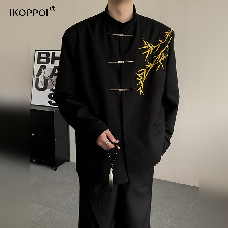 高端新中式男士订婚西服套装国风立领中山装金竹刺绣成人礼服西装