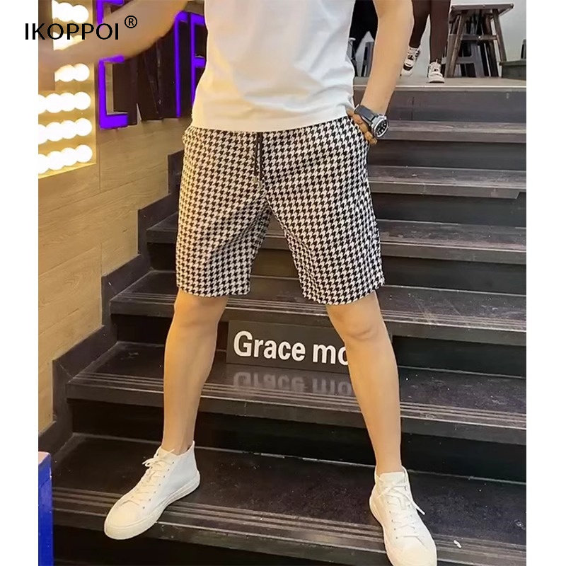 高端黑白千鸟格子短裤男士夏季弹力五分沙滩裤薄款透气冰丝休闲裤