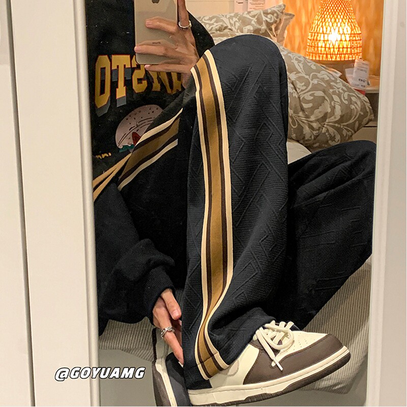 休闲裤男士秋冬季宽松拼接条纹直筒裤美式垂坠感加绒保暖运动裤子