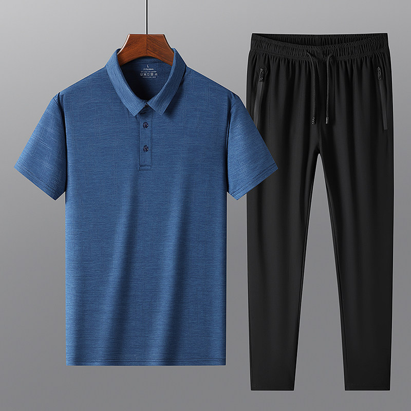아버지의 날 옷 얼음 실크 캐주얼 정장 남성 여름 반팔 폴로 셔츠 멋진 바지 중년 느슨한 아빠 옷