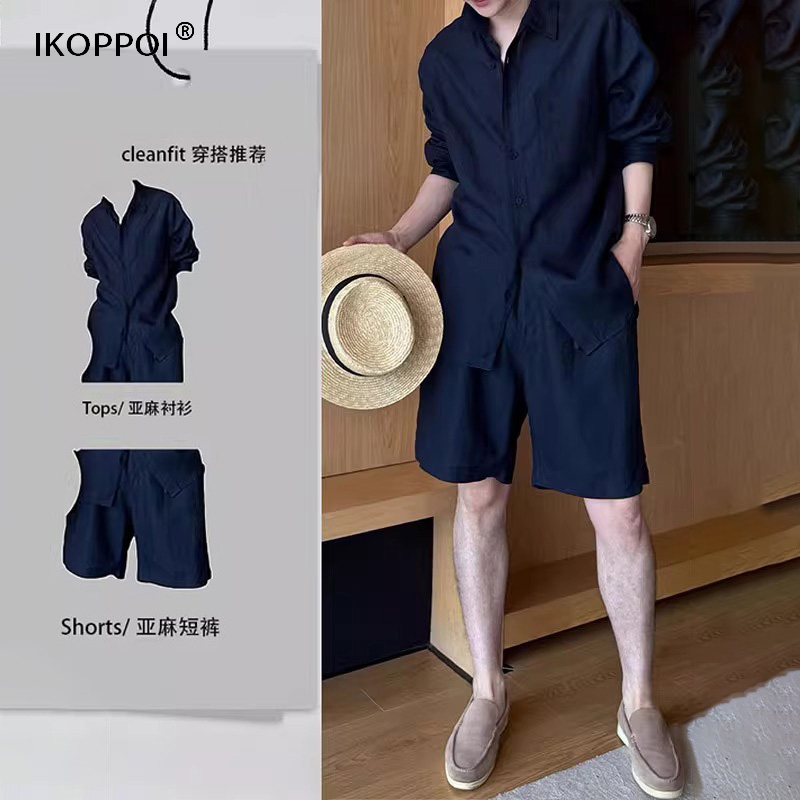 轻奢男士老钱风亚麻休闲 套装2025夏季薄款慵懒衬衫cleanfit一整