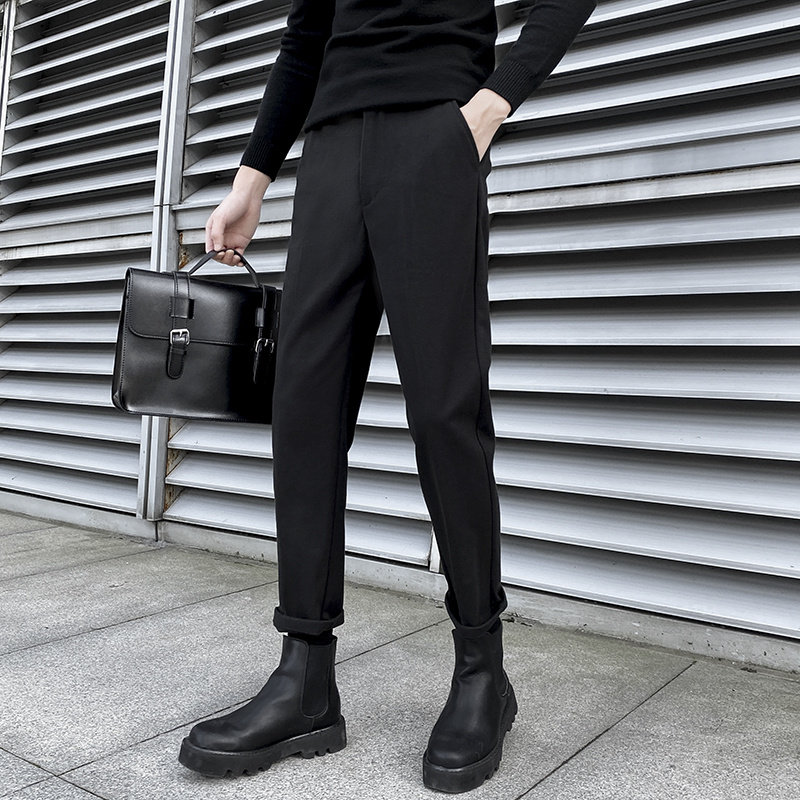 潮牌休闲裤男士秋冬季英伦雅痞毛呢裤子韩版修身搭配马丁靴的裤子