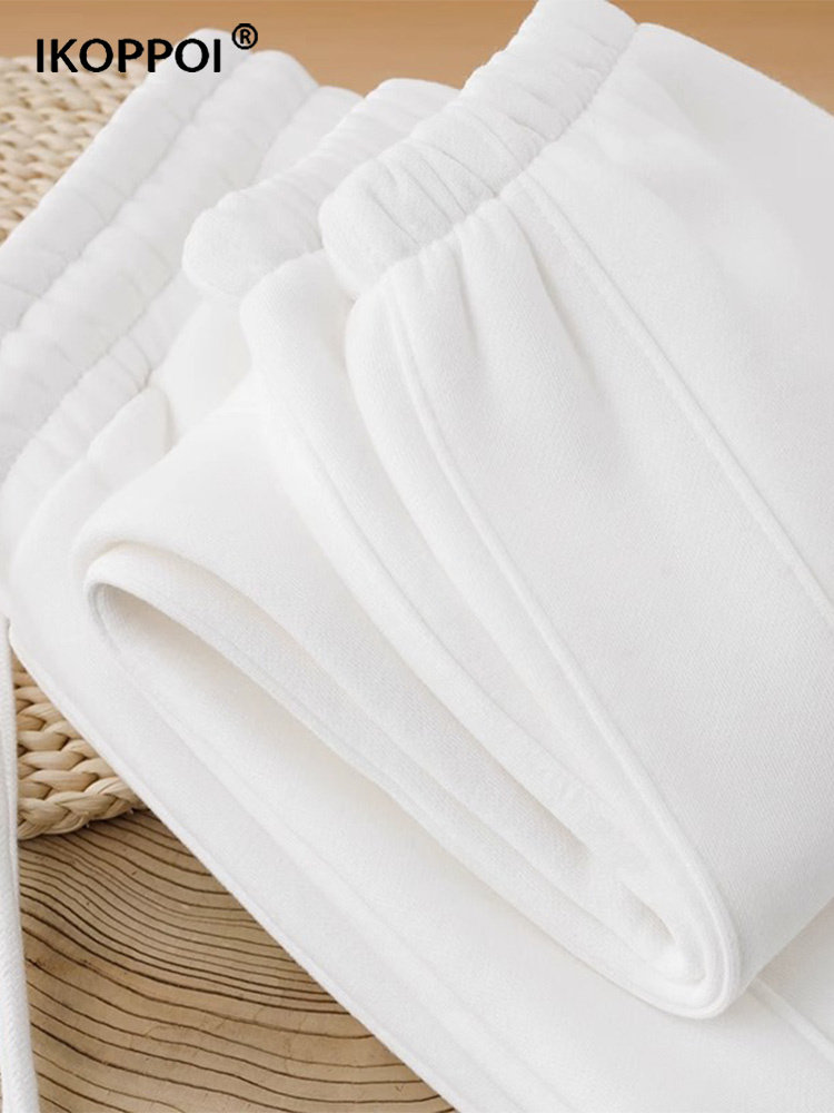 高端休闲百搭白色加绒加厚卫裤2025秋冬季宽松保暖纯色束脚裤男女