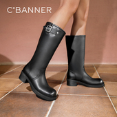 千百度美拉德西部牛仔靴百搭秋冬气质骑士靴长靴高筒靴粗高跟女鞋