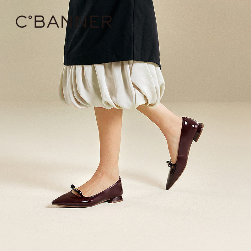 千百度低跟漆皮蝴蝶结浅口单鞋女2025秋季新款正装通勤真皮晚晚鞋