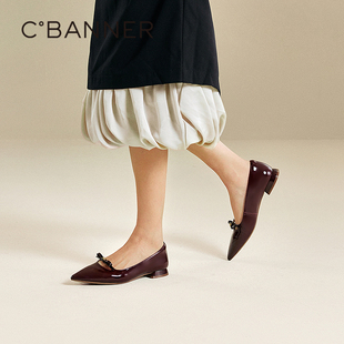 通勤真皮晚晚鞋 千百度低跟漆皮蝴蝶结浅口单鞋 正装 新款 女2025秋季