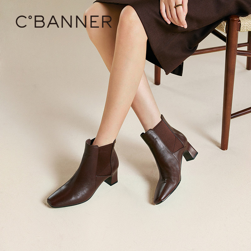 千百度粗高跟羊皮弹力袜靴女2025冬季新款时装靴显瘦烟筒靴短靴子,女鞋,时装靴,淘宝优惠券,粉丝福利购,淘宝优惠卷