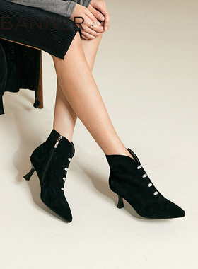 千百度羊皮细高跟时装靴女2025冬季新款复古钻扣踝靴洋气小短靴子