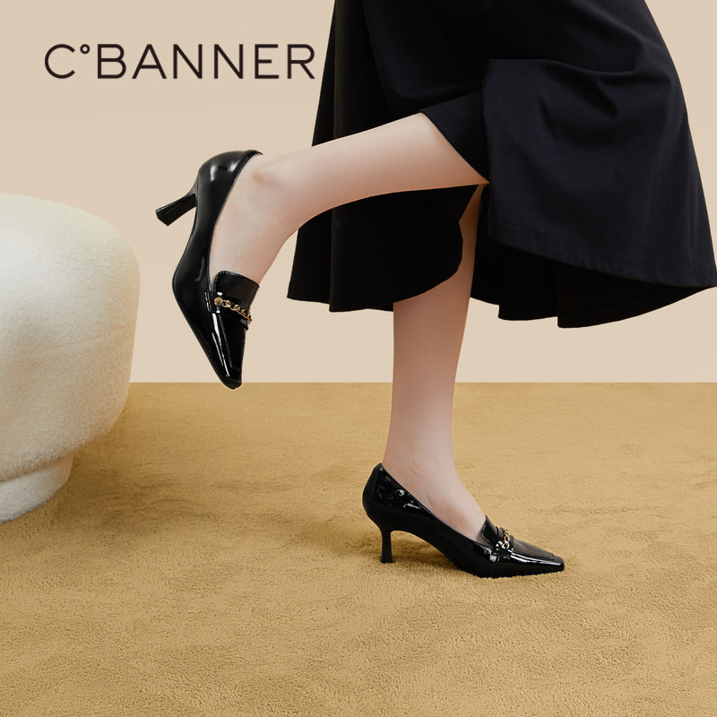 千百度漆皮细高跟时装单鞋女款春秋气质通勤舒适高跟乐福鞋百搭