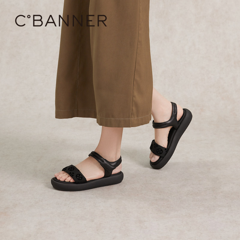 千百度面包平底休闲凉鞋女款夏季气质魔术贴度假海滩外穿凉鞋百搭