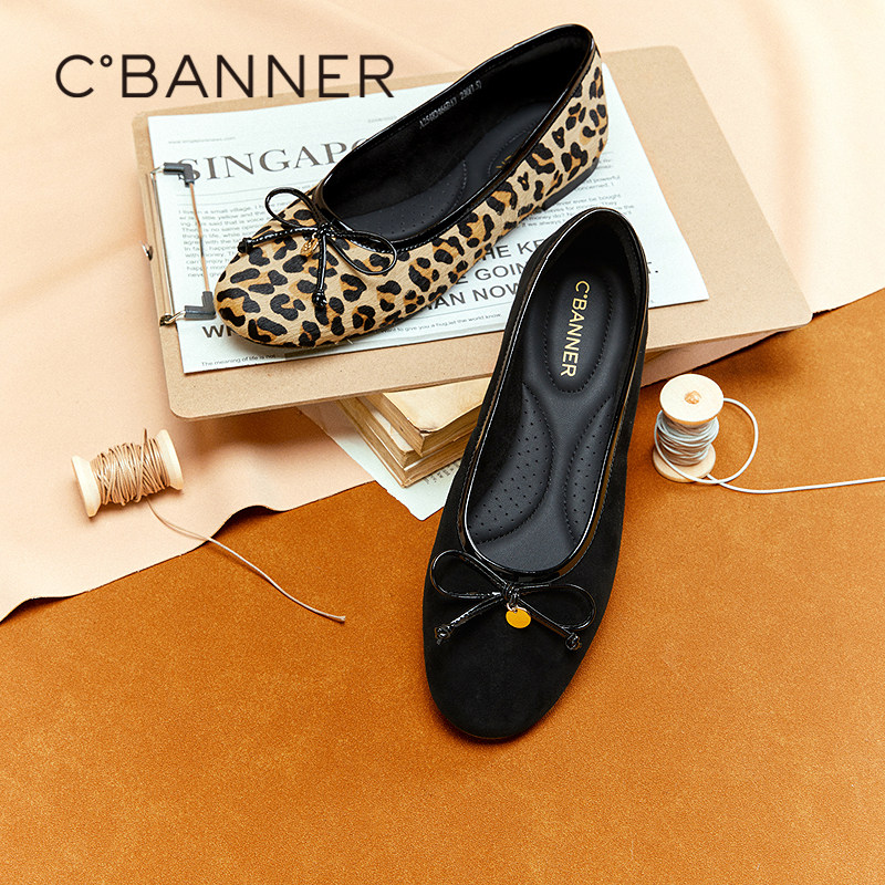 千百度蝴蝶结复古羊皮豹纹平底鞋女百搭气质新款晚晚鞋浅口单鞋,女鞋,浅口单鞋,淘宝优惠券,粉丝福利购,淘宝优惠卷