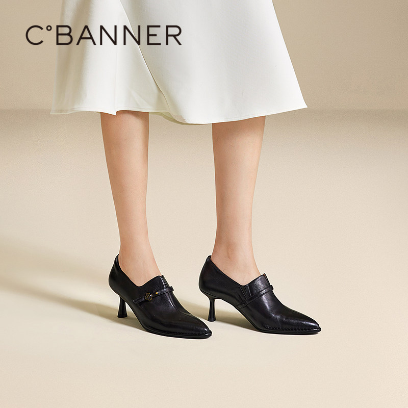 千百度细高跟羊皮靴女百搭春季新款深口单鞋时装靴通勤踝靴短靴子