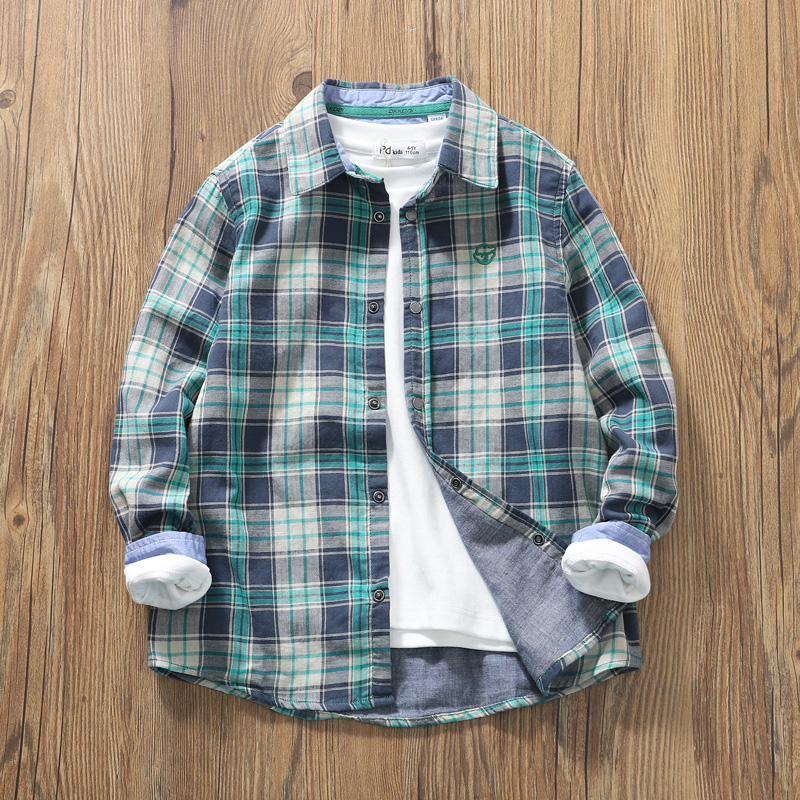 外贸双层棉纱格子衬衫童装秋上新