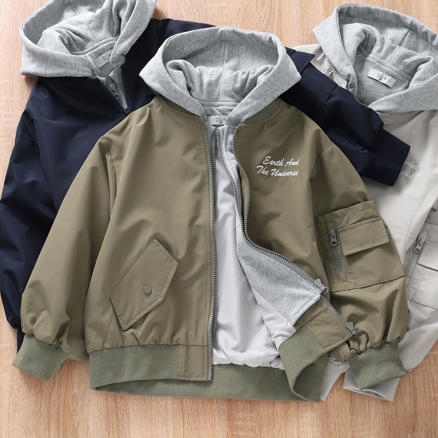 男童连帽假两件飞行服夹克棒球服