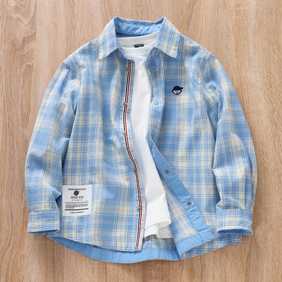 儿童春秋棉蓝白格子衬衫男孩衬衣