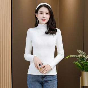 打底衫女秋冬洋气新款内搭加绒加厚修身半高领长袖t恤木耳边上衣