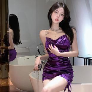 2025夏季 辣妹紫色V领抽绳吊带连衣裙女性感收腰显瘦包臀裙子 新款