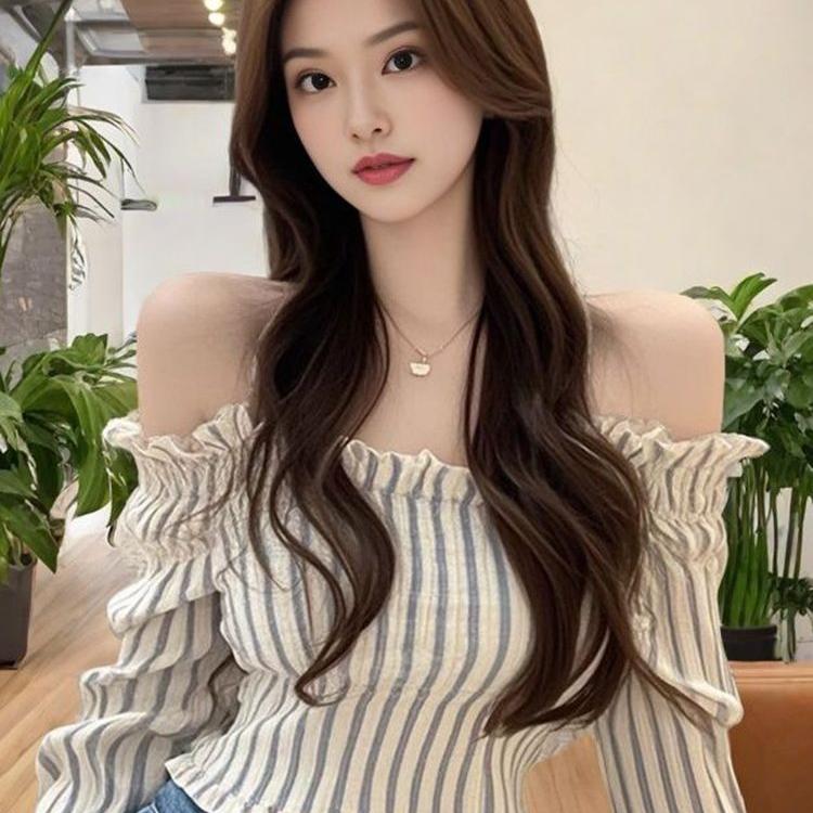 一字肩条纹上衣女露背显瘦衬衫