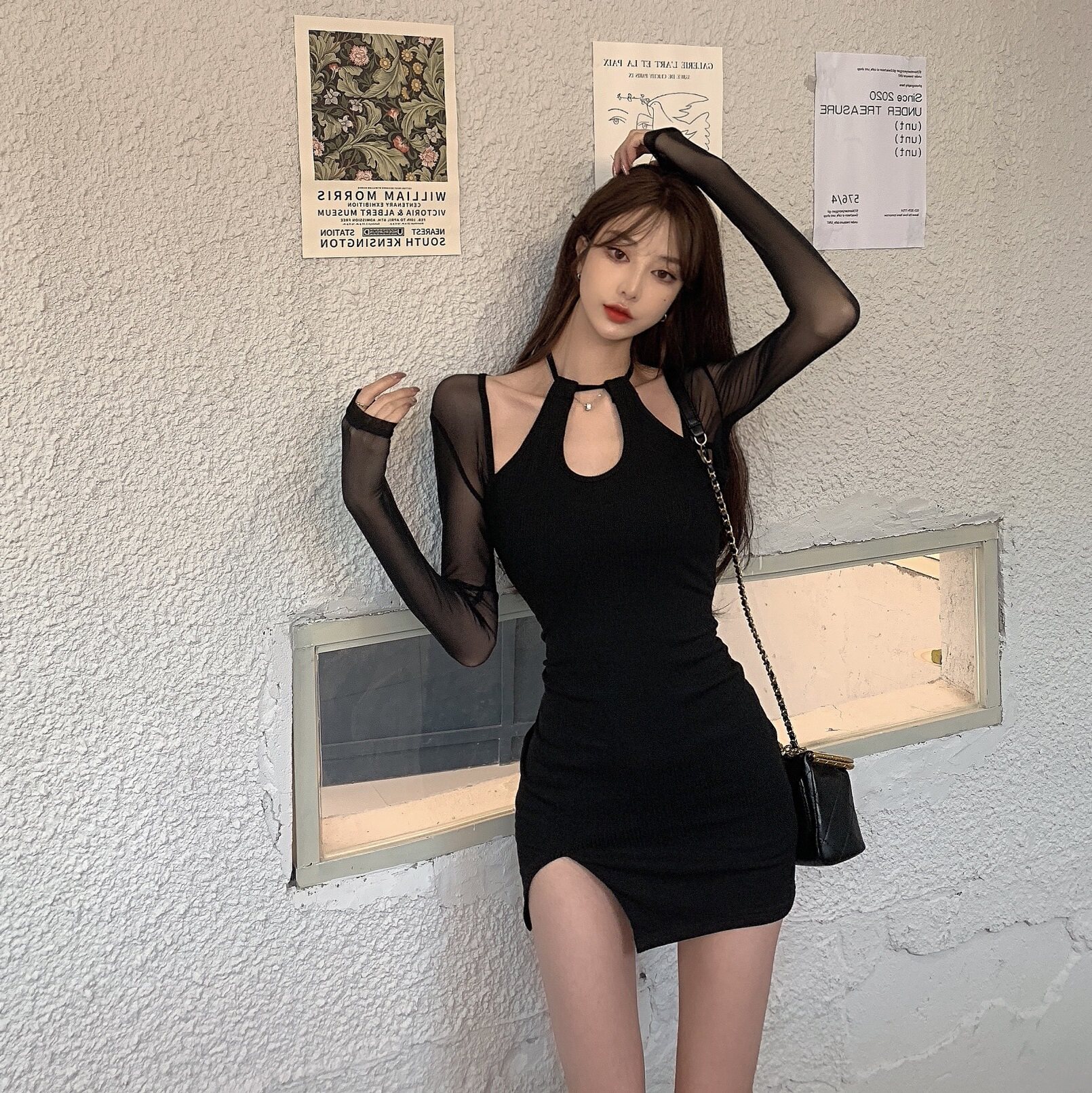 美式复古性感纯欲风包臀连衣裙女浪漫网纱拼接挂脖裙修身开叉裙子