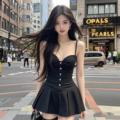 单排扣收腰吊带吊带小黑裙春季