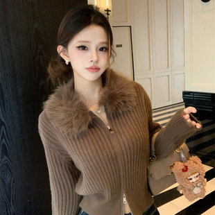 美拉德咖色毛领针织开衫 毛衣外套 女秋冬慵懒风宽松上衣高级感短款