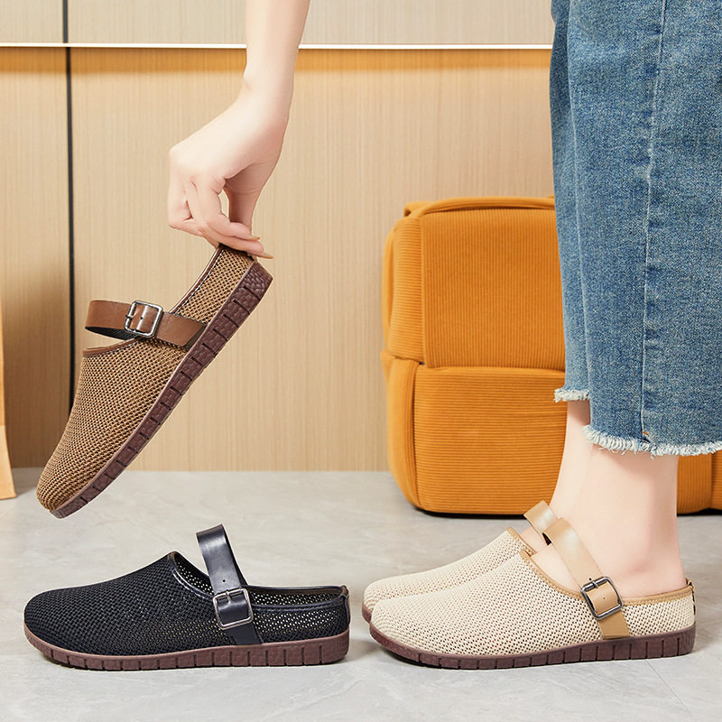 女外穿休闲透气网面包头半拖鞋复古平底软底镂空夏季新款凉鞋拖鞋