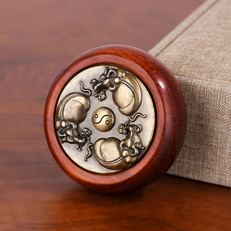 铜扭转乾坤牛f转赚钱手把件紫檀手把件手工转转钱双面可旋转把件