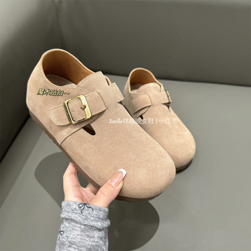 【内增高5cm】真皮勃肯鞋女2024秋冬新款软底魔术贴休闲单鞋女士