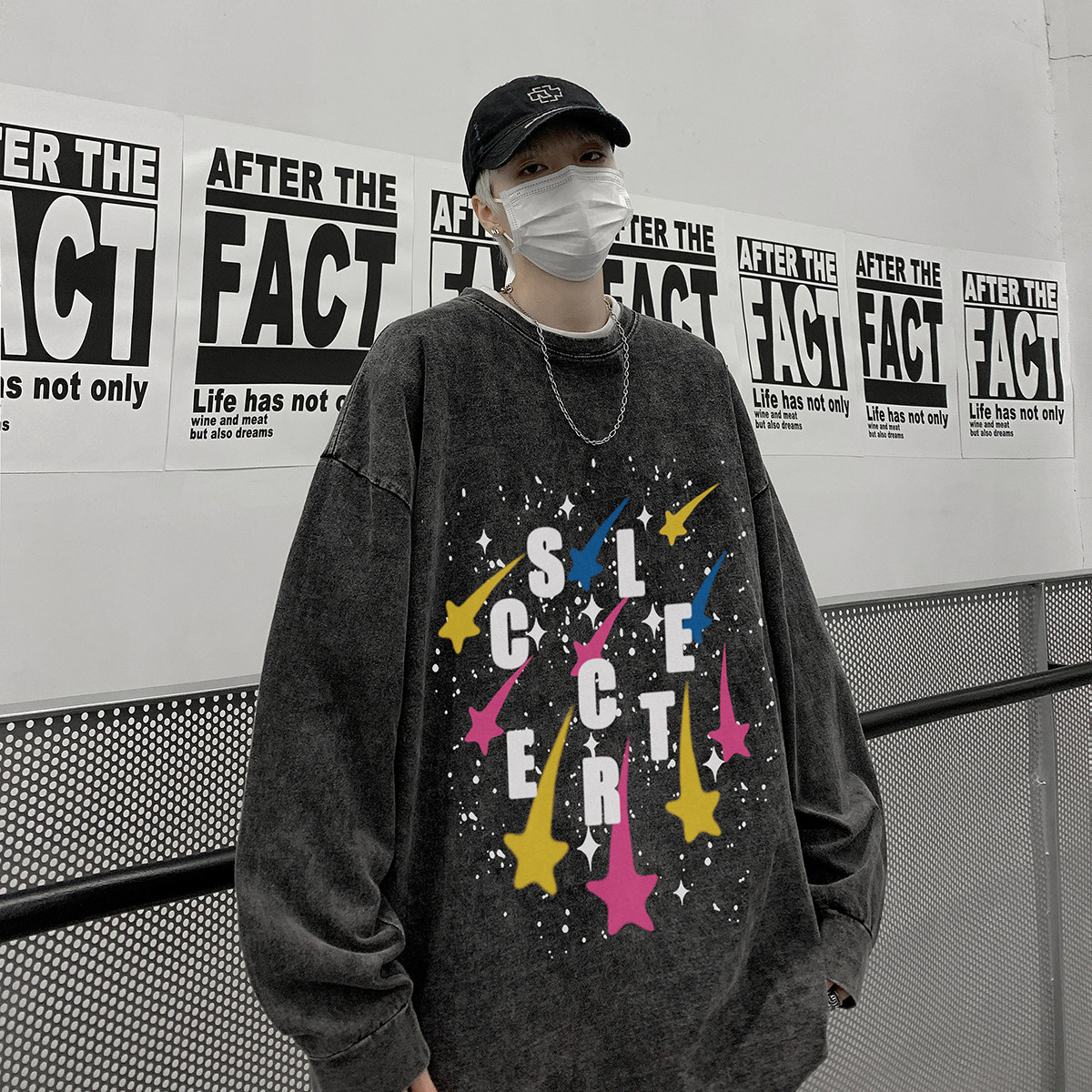 直播品质！秋装新品水洗做旧宽松印花长袖T恤XZ203-CT645-P55,男装T恤,星座203