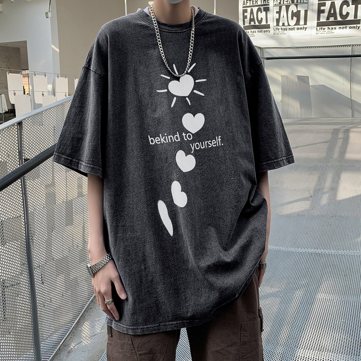 水洗做旧紫色320g重磅t恤男款短袖美式高街复古hiphop潮牌七分袖,男装T恤,星座203