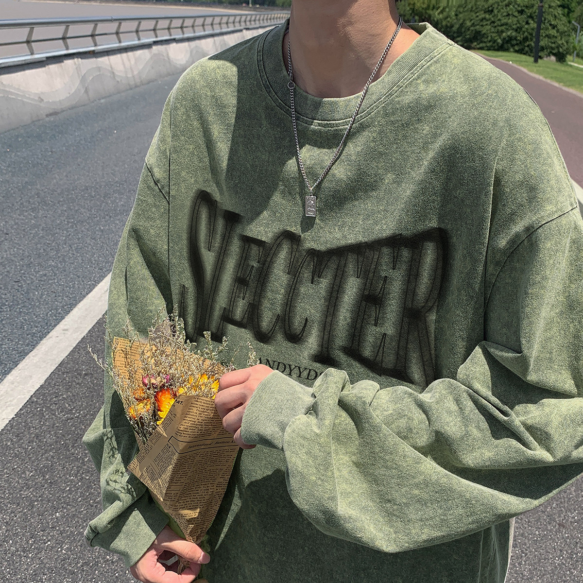 直播品质！秋装新品水洗做旧宽松印花长袖T恤XZ203-CT215-P55，男装T恤，星座203