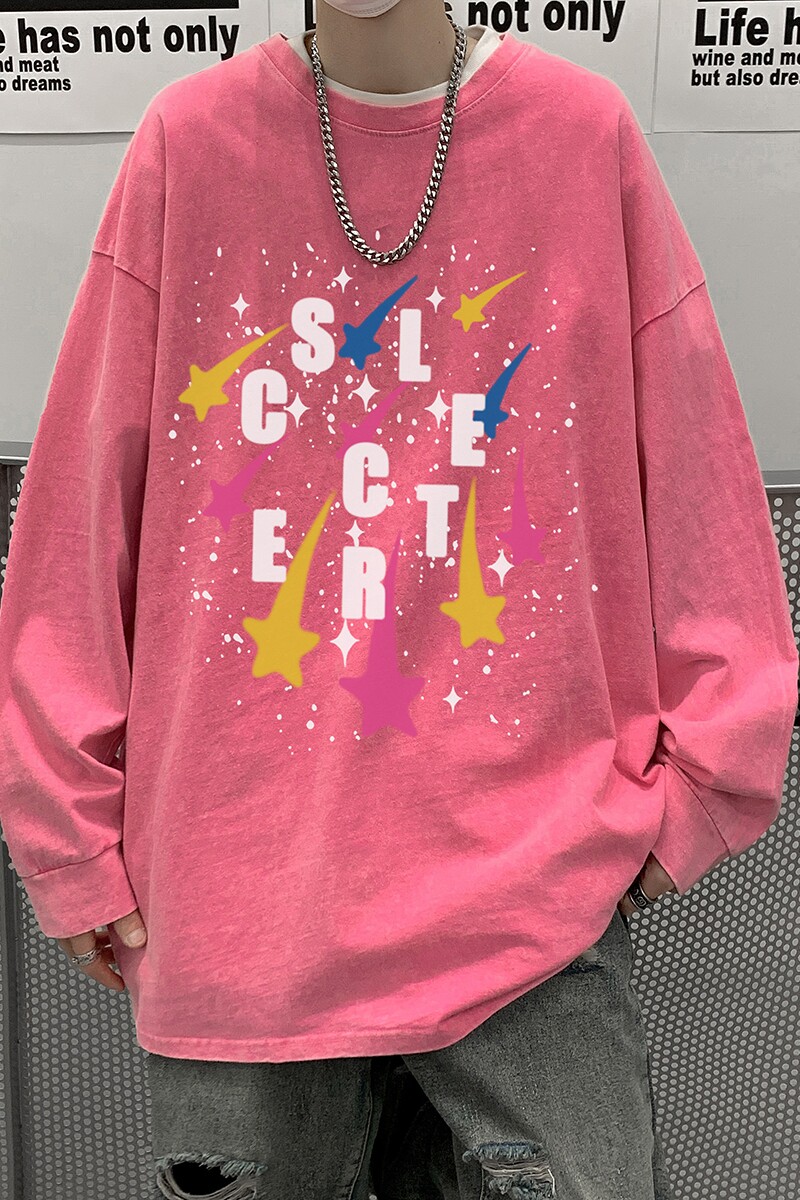 直播品质！秋装新品水洗做旧宽松印花长袖T恤XZ203-CT645-P55,男装T恤,星座203