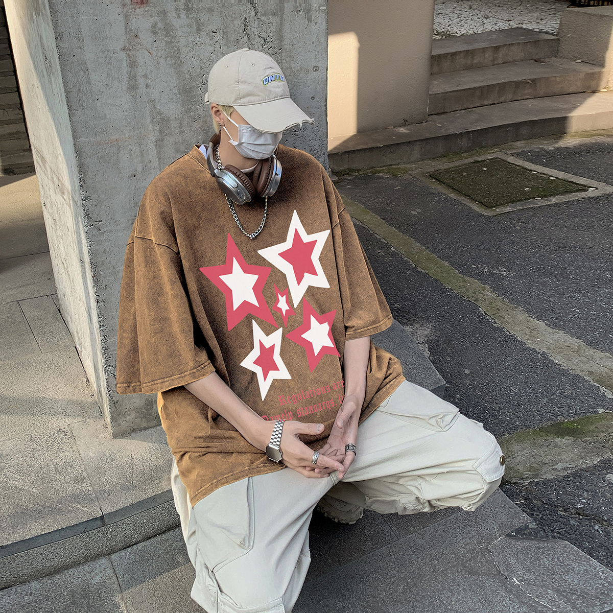 XZ203-SX234-P3823夏季新品水洗做旧宽松印花短袖T恤...，男装T恤，星座203