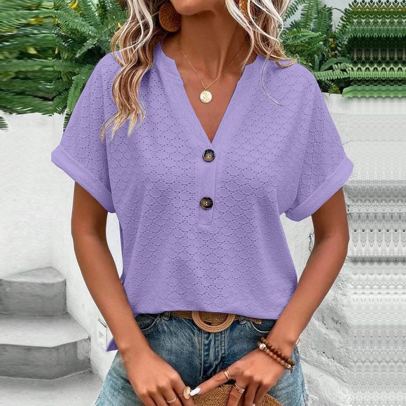 Womens Fashion Casual Solid Color Button V Neck T-shirt